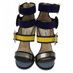 Pre Owned Jimmy Choo Colorblock Suede and Leather Kaya Multistrap Sandals Size 37.5