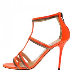Pre Owned Jimmy Choo Neon Orange Patent Thistle Sandals Size 36.5