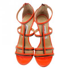 Pre Owned Jimmy Choo Neon Orange Patent Thistle Sandals Size 36.5