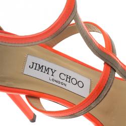Pre Owned Jimmy Choo Neon Orange Patent Thistle Sandals Size 36.5