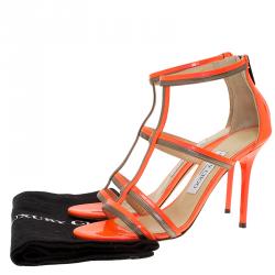 Pre Owned Jimmy Choo Neon Orange Patent Thistle Sandals Size 36.5