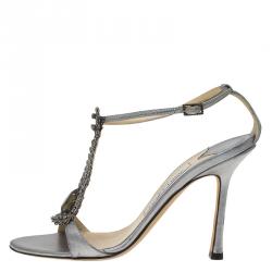 Pre Owned صندل جيمي تشو بسيور للكاحل وسلسلة جلد رصاصي ميتالك مقاس 37.5