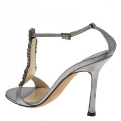 Pre Owned صندل جيمي تشو بسيور للكاحل وسلسلة جلد رصاصي ميتالك مقاس 37.5