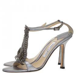 Pre Owned صندل جيمي تشو بسيور للكاحل وسلسلة جلد رصاصي ميتالك مقاس 37.5