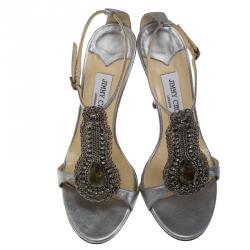 Pre Owned صندل جيمي تشو بسيور للكاحل وسلسلة جلد رصاصي ميتالك مقاس 37.5