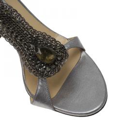 Pre Owned صندل جيمي تشو بسيور للكاحل وسلسلة جلد رصاصي ميتالك مقاس 37.5