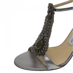 Pre Owned صندل جيمي تشو بسيور للكاحل وسلسلة جلد رصاصي ميتالك مقاس 37.5