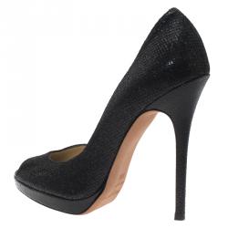 Pre Owned حذاء كعب عالي جيمي تشو مقدمة بنعل سميك ومفتوحة لونا جلد وقماش غليتر أسود مقاس 39.5