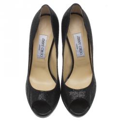 Pre Owned حذاء كعب عالي جيمي تشو مقدمة بنعل سميك ومفتوحة لونا جلد وقماش غليتر أسود مقاس 39.5