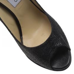 Pre Owned حذاء كعب عالي جيمي تشو مقدمة بنعل سميك ومفتوحة لونا جلد وقماش غليتر أسود مقاس 39.5