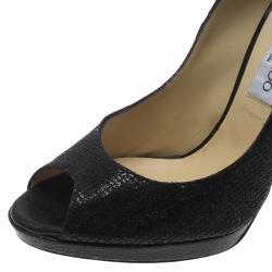 Pre Owned حذاء كعب عالي جيمي تشو مقدمة بنعل سميك ومفتوحة لونا جلد وقماش غ ليتر أسود مقاس 39.5