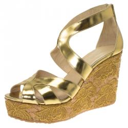 Pre Owned Jimmy Choo Gold Metallic Leather Parrow Lace Cork Platform Wedges Size 41