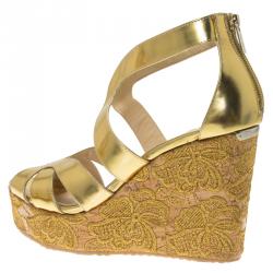 Pre Owned Jimmy Choo Gold Metallic Leather Parrow Lace Cork Platform Wedges Size 41
