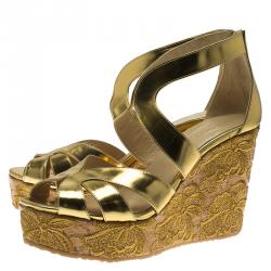 Pre Owned Jimmy Choo Gold Metallic Leather Parrow Lace Cork Platform Wedges Size 41