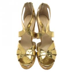 Pre Owned Jimmy Choo Gold Metallic Leather Parrow Lace Cork Platform Wedges Size 41