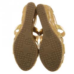 Pre Owned Jimmy Choo Gold Metallic Leather Parrow Lace Cork Platform Wedges Size 41