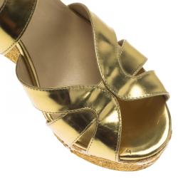 Pre Owned Jimmy Choo Gold Metallic Leather Parrow Lace Cork Platform Wedges Size 41