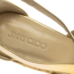 Pre Owned Jimmy Choo Gold Metallic Leather Parrow Lace Cork Platform Wedges Size 41