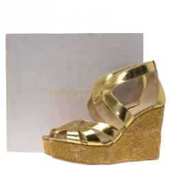 Pre Owned Jimmy Choo Gold Metallic Leather Parrow Lace Cork Platform Wedges Size 41