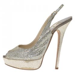 Pre Owned صندل جيمي تشو فيتا جلد لاميه ميتاليك بفتحة كعب ونعل سميك مقاس 39