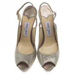 Pre Owned صندل جيمي تشو فيتا جلد لاميه ميتاليك بفتحة كعب ونعل سميك مقاس 39