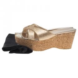 مملوكة مسبقًا صندل سلايد جيمي تشو بريما نعل روكي فيلين قماش غليتر ذهبي مقاس 38.5