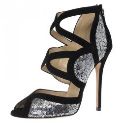 Pre Owned Jimmy Choo Black Suede and Silver Sequins Tempest Sandals Size 38