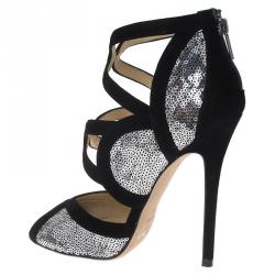 Pre Owned Jimmy Choo Black Suede and Silver Sequins Tempest Sandals Size 38
