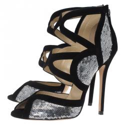 Pre Owned Jimmy Choo Black Suede and Silver Sequins Tempest Sandals Size 38