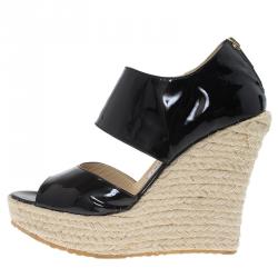 مملوكة مسبقًا Jimmy Choo Black Patent Patriot Espadrille Wedge Sandals Size 38