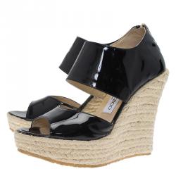 مملوكة مسبقًا Jimmy Choo Black Patent Patriot Espadrille Wedge Sandals Size 38