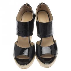 مملوكة مسبقًا Jimmy Choo Black Patent Patriot Espadrille Wedge Sandals Size 38