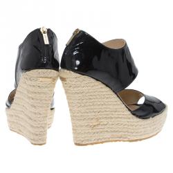مملوكة مسبقًا Jimmy Choo Black Patent Patriot Espadrille Wedge Sandals Size 38