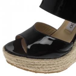 مملوكة مسبقًا Jimmy Choo Black Patent Patriot Espadrille Wedge Sandals Size 38