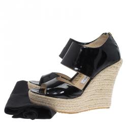 مملوكة مسبقًا Jimmy Choo Black Patent Patriot Espadrille Wedge Sandals Size 38