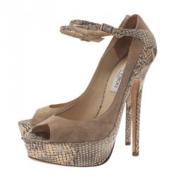 مملوكة مسبقًا Jimmy Choo Beige Python and Suede Tami Peep Toe Ankle Strap Pumps Size 39.5