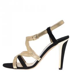 Pre Owned Jimmy Choo Gold Leather and Black Suede Strappy Sandals Size 40