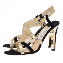 Pre Owned Jimmy Choo Gold Leather and Black Suede Strappy Sandals Size 40