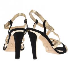 Pre Owned Jimmy Choo Gold Leather and Black Suede Strappy Sandals Size 40