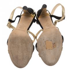 Pre Owned Jimmy Choo Gold Leather and Black Suede Strappy Sandals Size 40
