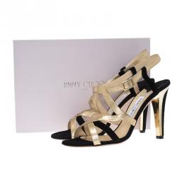 Pre Owned Jimmy Choo Gold Leather and Black Suede Strappy Sandals Size 40