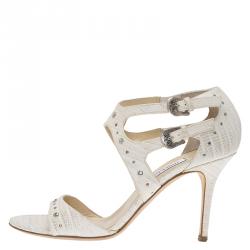 Pre Owned Jimmy Choo White Lizard Embossed Leather Mimi Strappy Sandals Size 40