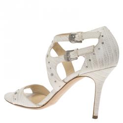 Pre Owned Jimmy Choo White Lizard Embossed Leather Mimi Strappy Sandals Size 40