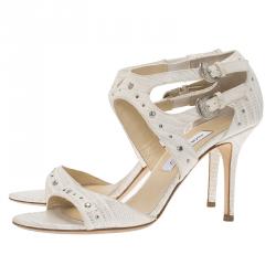 Pre Owned Jimmy Choo White Lizard Embossed Leather Mimi Strappy Sandals Size 40