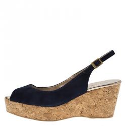 مملوكة مسبقًا Jimmy Choo Navy Blue Suede Praise Cork Slingback Wedge Sandals Size 40