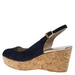مملوكة مسبقًا Jimmy Choo Navy Blue Suede Praise Cork Slingback Wedge Sandals Size 40