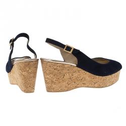 مملوكة مسبقًا Jimmy Choo Navy Blue Suede Praise Cork Slingback Wedge Sandals Size 40