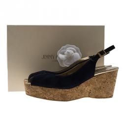 مملوكة مسبقًا Jimmy Choo Navy Blue Suede Praise Cork Slingback Wedge Sandals Size 40