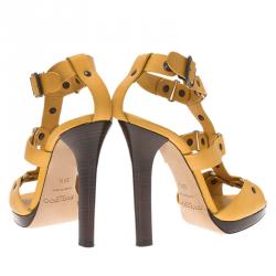 Pre Owned Jimmy Choo Mustard Yellow Studded Leather Cage Sandals Size 36.5