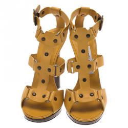 Pre Owned Jimmy Choo Mustard Yellow Studded Leather Cage Sandals Size 36.5